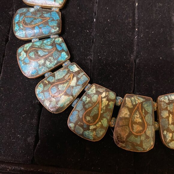 Vintage Turquoise Mosaic Statement Necklace With Teardrop Design - Picture 6 of 8